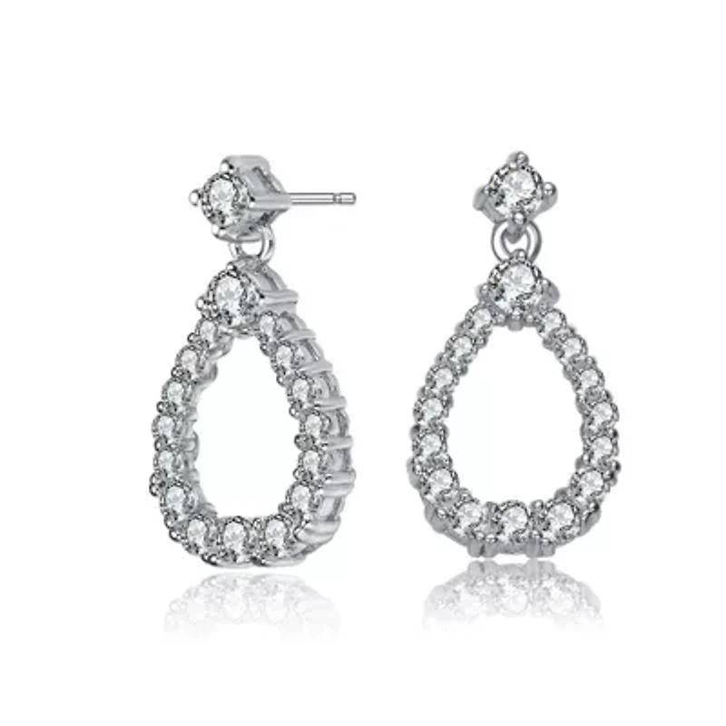 Lab Created Sterling Silver White Gold Plated with Clear Round Cubic Zirconia Open Pear Drop Earrings