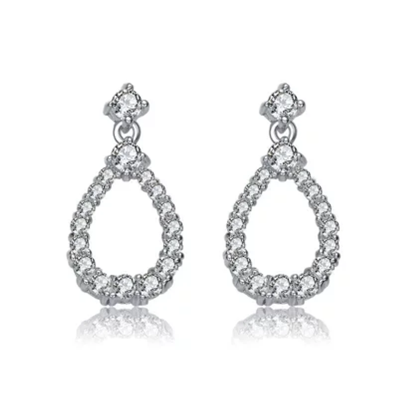 Lab Created Sterling Silver White Gold Plated with Clear Round Cubic Zirconia Open Pear Drop Earrings