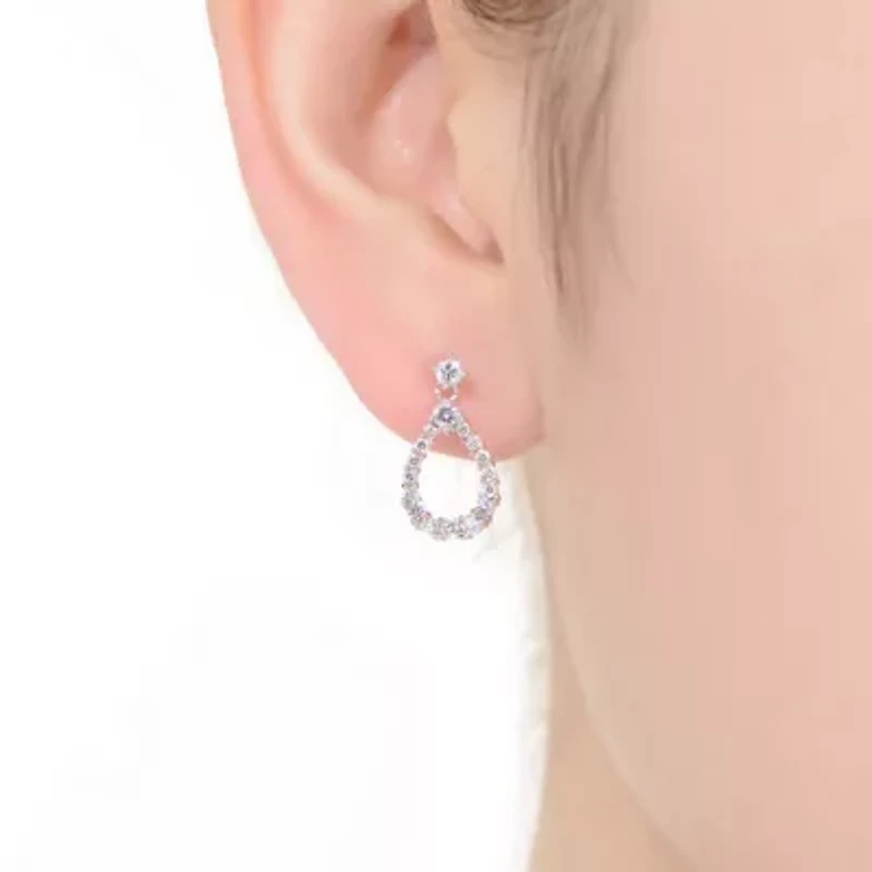 Lab Created Sterling Silver White Gold Plated with Clear Round Cubic Zirconia Open Pear Drop Earrings