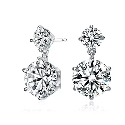 Lab Created Sterling Silver White Gold Plated with Clear Round Cubic Zirconia Two Stone Drop Earrings