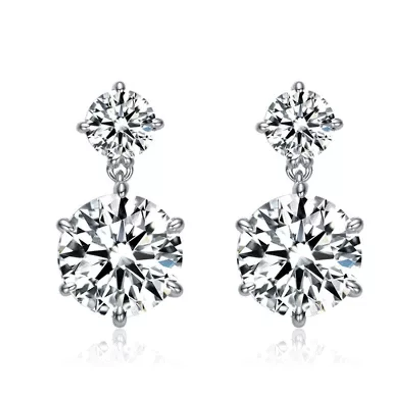 Lab Created Sterling Silver White Gold Plated with Clear Round Cubic Zirconia Two Stone Drop Earrings