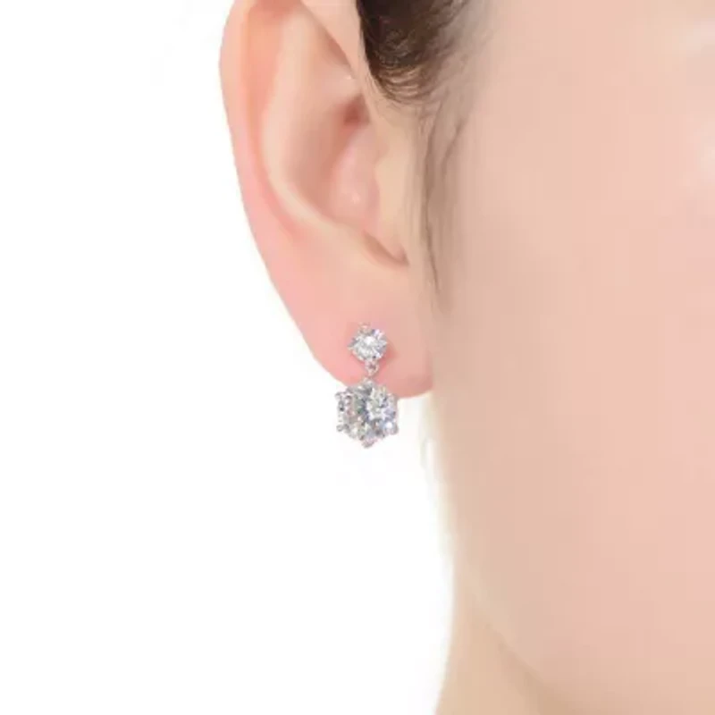 Lab Created Sterling Silver White Gold Plated with Clear Round Cubic Zirconia Two Stone Drop Earrings