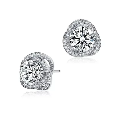 Lab Created Sterling Silver with Rhodium Plated Clear Round Cubic Zirconia Swirl Halo Stud Earrings
