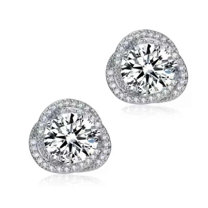 Lab Created Sterling Silver with Rhodium Plated Clear Round Cubic Zirconia Swirl Halo Stud Earrings