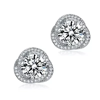 Lab Created Sterling Silver with Rhodium Plated Clear Round Cubic Zirconia Swirl Halo Stud Earrings