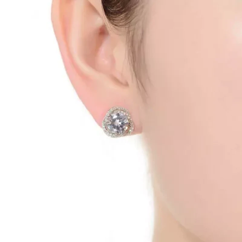 Lab Created Sterling Silver with Rhodium Plated Clear Round Cubic Zirconia Swirl Halo Stud Earrings