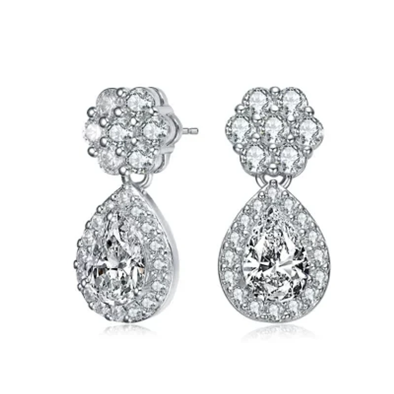 Lab Created Sterling Silver White Gold Plated with Clear Pear & Round Cubic Zirconia Pear Drop Earrings