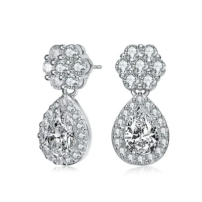 Lab Created Sterling Silver White Gold Plated with Clear Pear & Round Cubic Zirconia Pear Drop Earrings