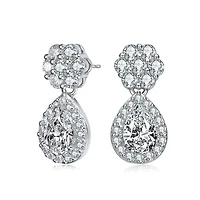 Lab Created Sterling Silver White Gold Plated with Clear Pear & Round Cubic Zirconia Pear Drop Earrings