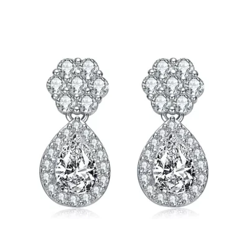 Lab Created Sterling Silver White Gold Plated with Clear Pear & Round Cubic Zirconia Pear Drop Earrings