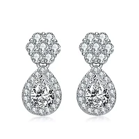 Lab Created Sterling Silver White Gold Plated with Clear Pear & Round Cubic Zirconia Pear Drop Earrings