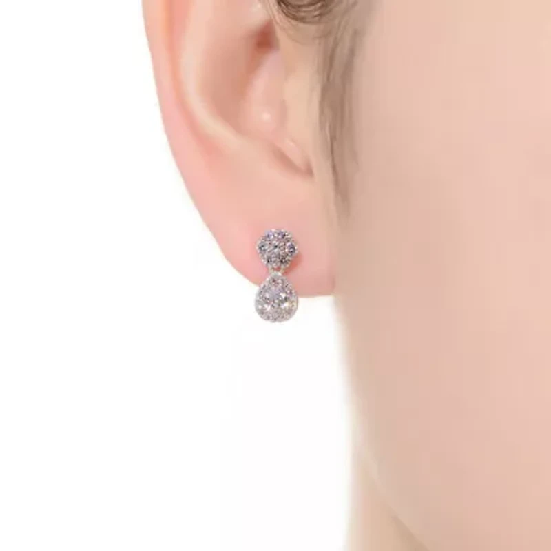 Lab Created Sterling Silver White Gold Plated with Clear Pear & Round Cubic Zirconia Pear Drop Earrings