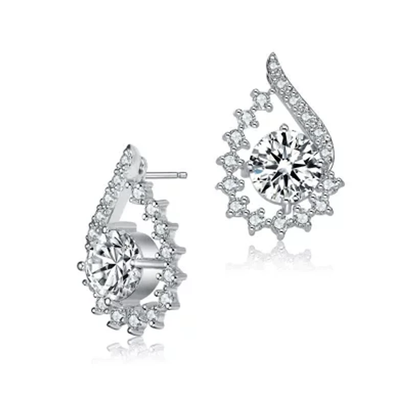Lab Created Sterling Silver White Gold Plated with Clear Round Cubic Zirconia Pear Shape Stud Earrings