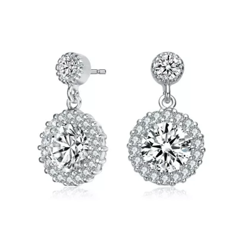 Lab Created Sterling Silver White Gold Plated with Clear Round Cubic Zirconia Halo Tier Drop Earrings