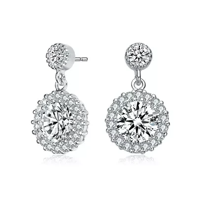 Lab Created Sterling Silver White Gold Plated with Clear Round Cubic Zirconia Halo Tier Drop Earrings