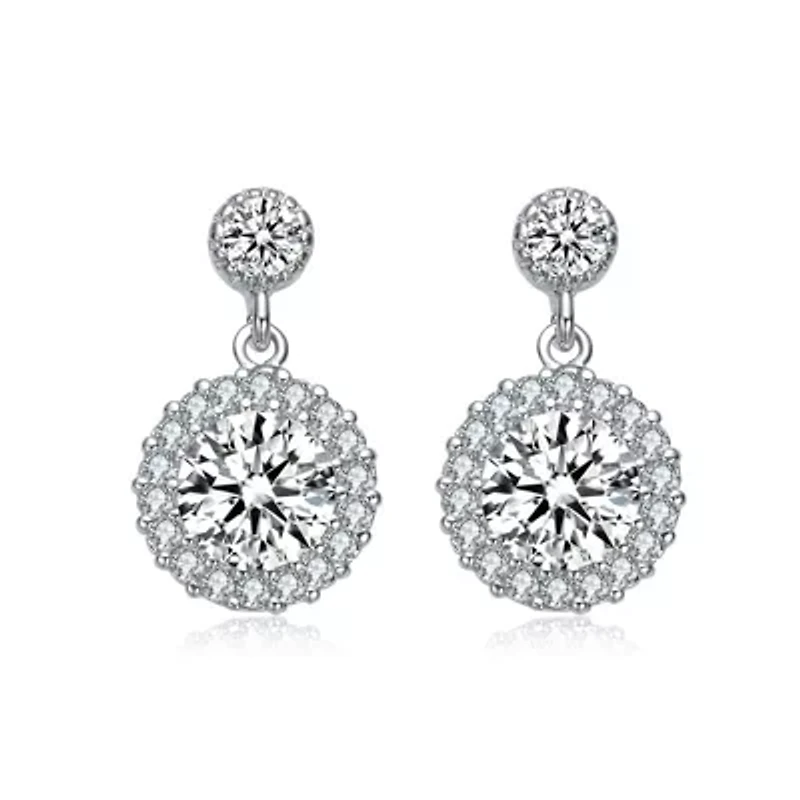 Lab Created Sterling Silver White Gold Plated with Clear Round Cubic Zirconia Halo Tier Drop Earrings
