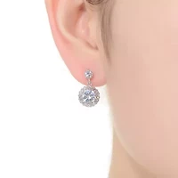 Lab Created Sterling Silver White Gold Plated with Clear Round Cubic Zirconia Halo Tier Drop Earrings
