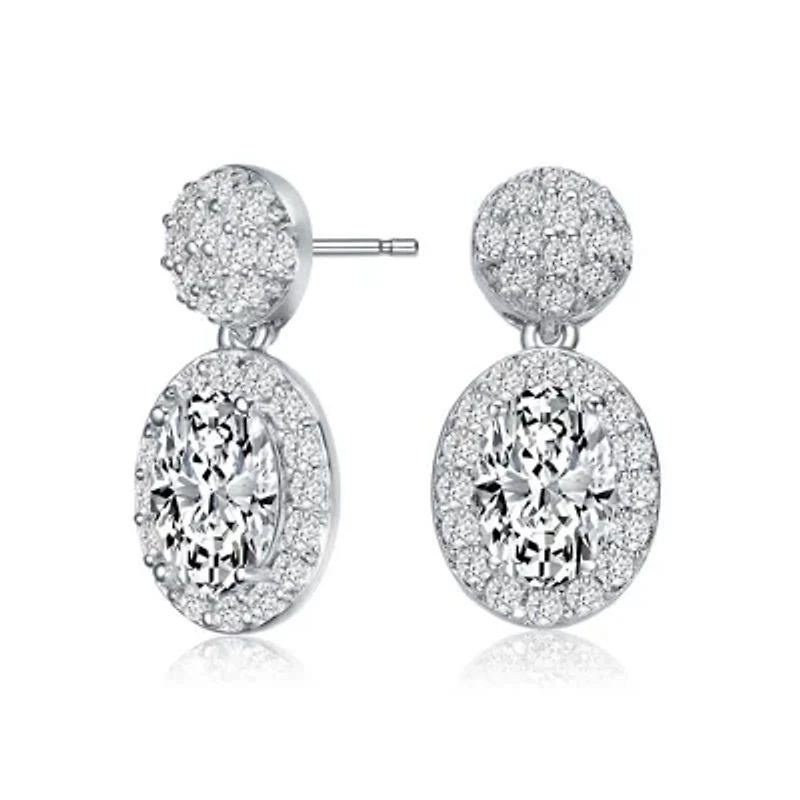 Lab Created Sterling Silver White Gold Plated with Clear Oval & Round Cubic Zirconia Cluster Post Drop Earrings