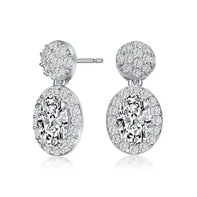 Lab Created Sterling Silver White Gold Plated with Clear Oval & Round Cubic Zirconia Cluster Post Drop Earrings