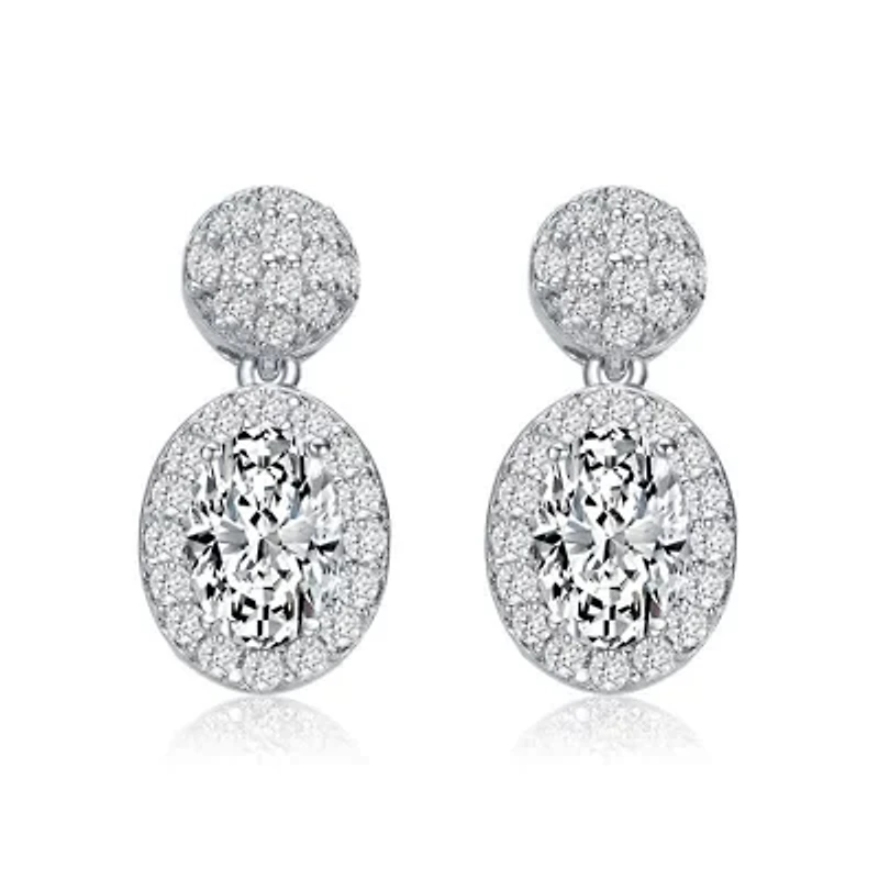 Lab Created Sterling Silver White Gold Plated with Clear Oval & Round Cubic Zirconia Cluster Post Drop Earrings