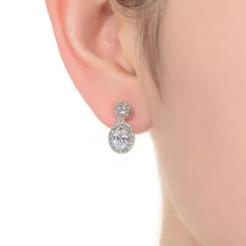 Lab Created Sterling Silver White Gold Plated with Clear Oval & Round Cubic Zirconia Cluster Post Drop Earrings