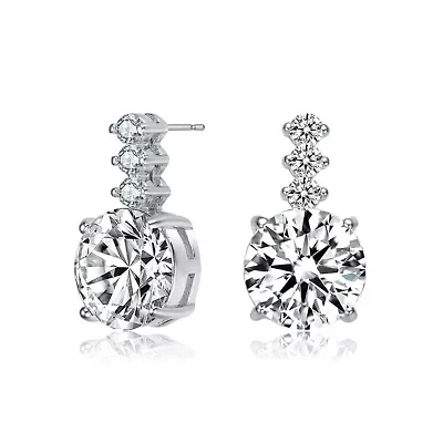 Lab Created Sterling Silver White Gold Plated with Clear Round Cubic Zirconia Linear Drop Earrings