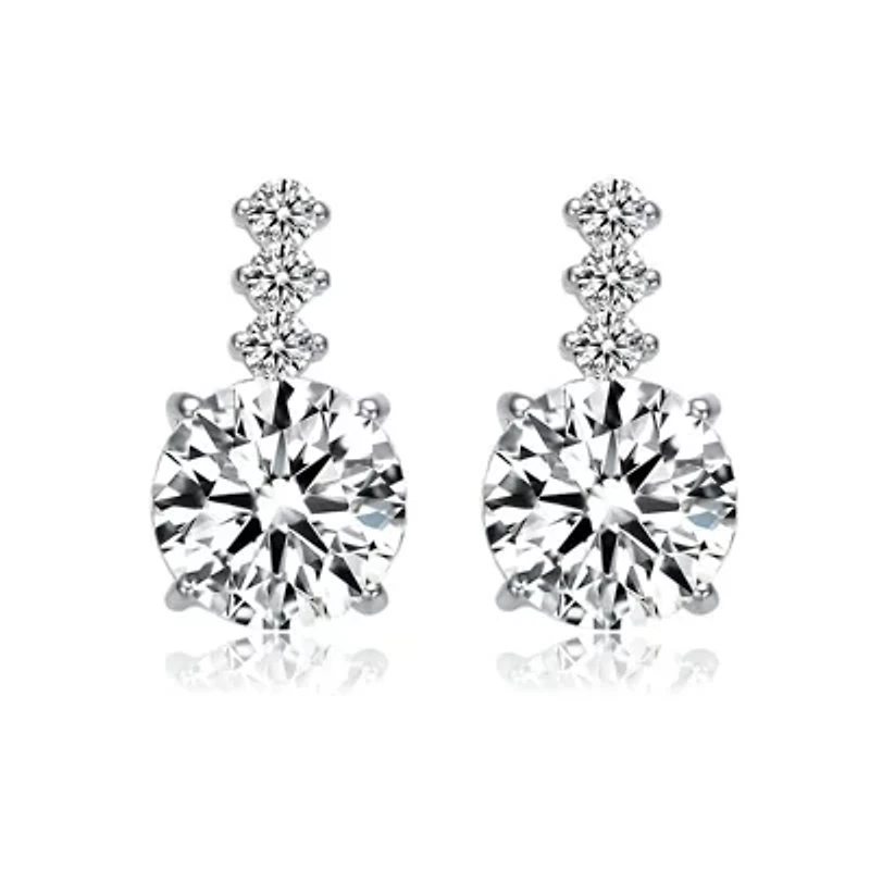 Lab Created Sterling Silver White Gold Plated with Clear Round Cubic Zirconia Linear Drop Earrings