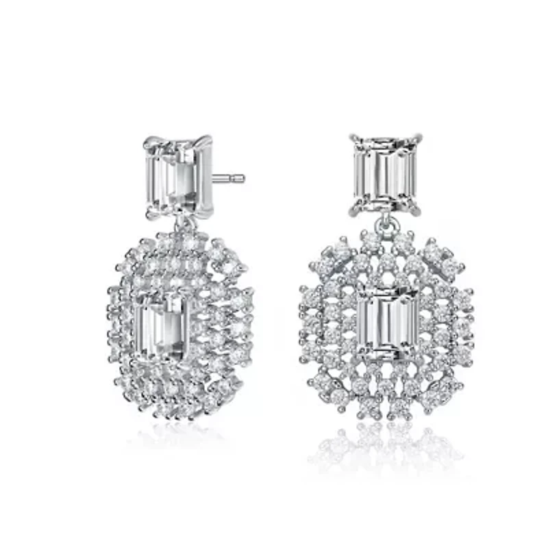 Lab Created Sterling Silver White Gold Plated with Clear Cubic Zirconia Lace Cluster Drop Earrings