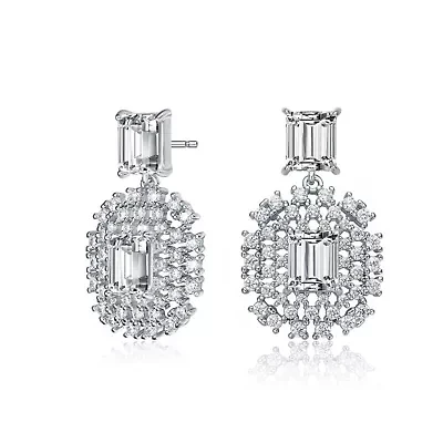 Lab Created Sterling Silver White Gold Plated with Clear Cubic Zirconia Lace Cluster Drop Earrings