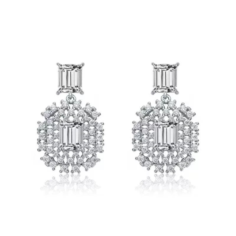 Lab Created Sterling Silver White Gold Plated with Clear Cubic Zirconia Lace Cluster Drop Earrings