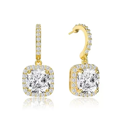 Lab Created Sterling Silver 14K Gold Plated with Clear Cubic Zirconia Halo Drop Earrings