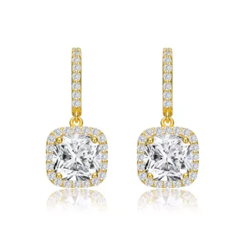 Lab Created Sterling Silver 14K Gold Plated with Clear Cubic Zirconia Halo Drop Earrings