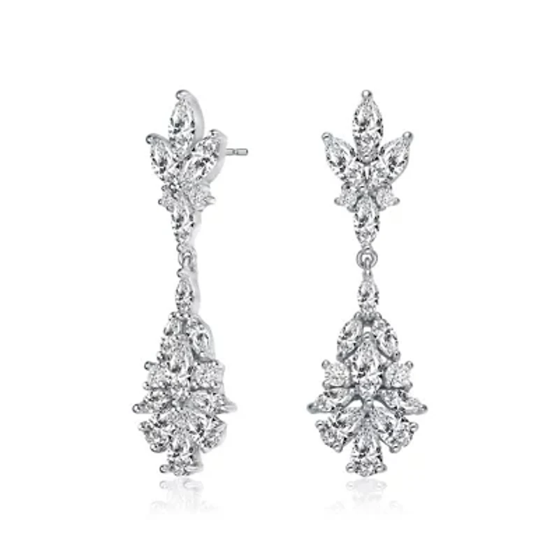 Lab Created Sterling Silver White Gold Plated with Clear Marquise, Pear, & Round Cubic Zirconia Cluster Earrings