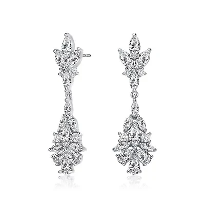 Lab Created Sterling Silver White Gold Plated with Clear Marquise, Pear, & Round Cubic Zirconia Cluster Earrings