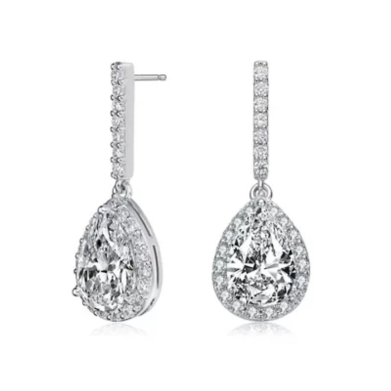 Lab Created Sterling Silver White Gold Plated with Clear Pear Cubic Zirconia Linear Drop Earrings