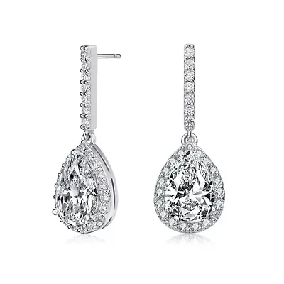 Lab Created Sterling Silver White Gold Plated with Clear Pear Cubic Zirconia Linear Drop Earrings