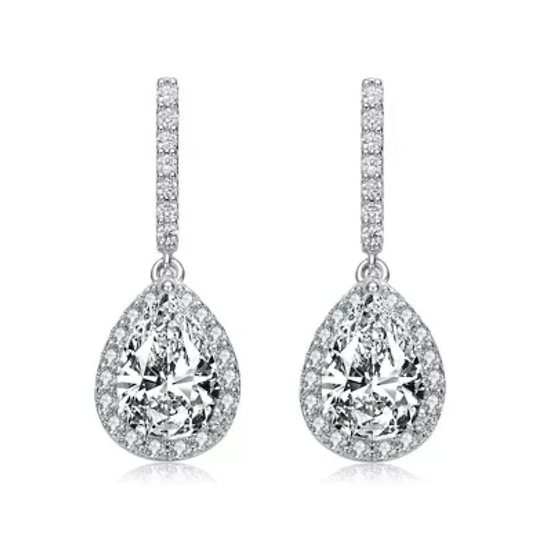 Lab Created Sterling Silver White Gold Plated with Clear Pear Cubic Zirconia Linear Drop Earrings