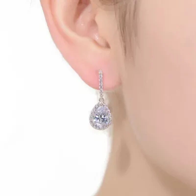 Lab Created Sterling Silver White Gold Plated with Clear Pear Cubic Zirconia Linear Drop Earrings