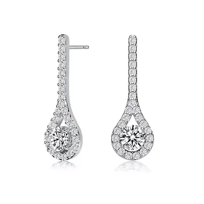 Lab Created Sterling Silver White Gold Plated with Clear Round Cubic Zirconia Accent Teardrop Earrings