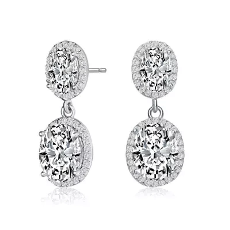 Lab Created Sterling Silver White Gold Plated with Clear Oval & Round Cubic Zirconia Halo Drop Earrings