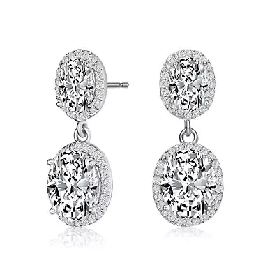 Lab Created Sterling Silver White Gold Plated with Clear Oval & Round Cubic Zirconia Halo Drop Earrings
