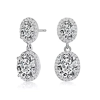 Lab Created Sterling Silver White Gold Plated with Clear Oval & Round Cubic Zirconia Halo Drop Earrings