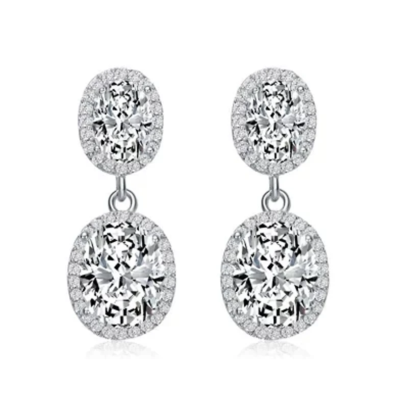 Lab Created Sterling Silver White Gold Plated with Clear Oval & Round Cubic Zirconia Halo Drop Earrings