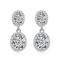 Lab Created Sterling Silver White Gold Plated with Clear Oval & Round Cubic Zirconia Halo Drop Earrings