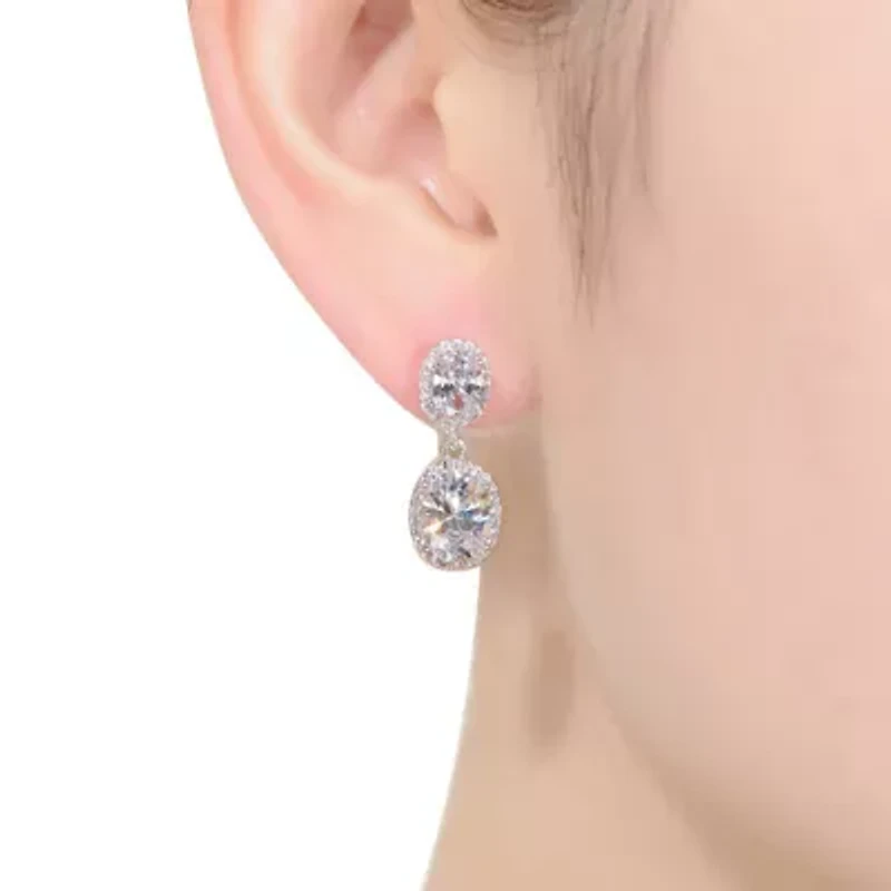 Lab Created Sterling Silver White Gold Plated with Clear Oval & Round Cubic Zirconia Halo Drop Earrings