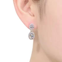 Lab Created Sterling Silver White Gold Plated with Clear Oval & Round Cubic Zirconia Halo Drop Earrings