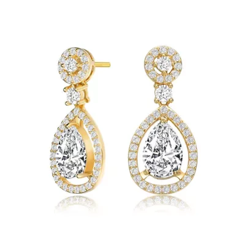 Lab Created Sterling Silver 14K Gold Plated with Clear Round Cubic Zirconia Pear Drop Earrings