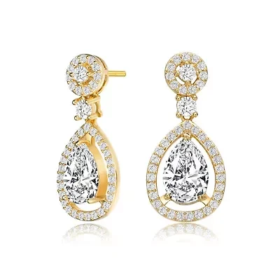 Lab Created Sterling Silver 14K Gold Plated with Clear Round Cubic Zirconia Pear Drop Earrings