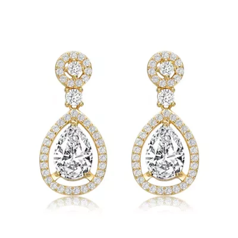 Lab Created Sterling Silver 14K Gold Plated with Clear Round Cubic Zirconia Pear Drop Earrings