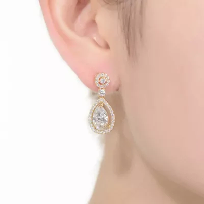 Lab Created Sterling Silver 14K Gold Plated with Clear Round Cubic Zirconia Pear Drop Earrings